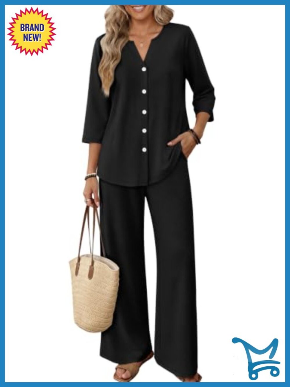 Women's 2 Piece Button Front 3/4 Sleeve Top Wide Leg Pant Lounge Set